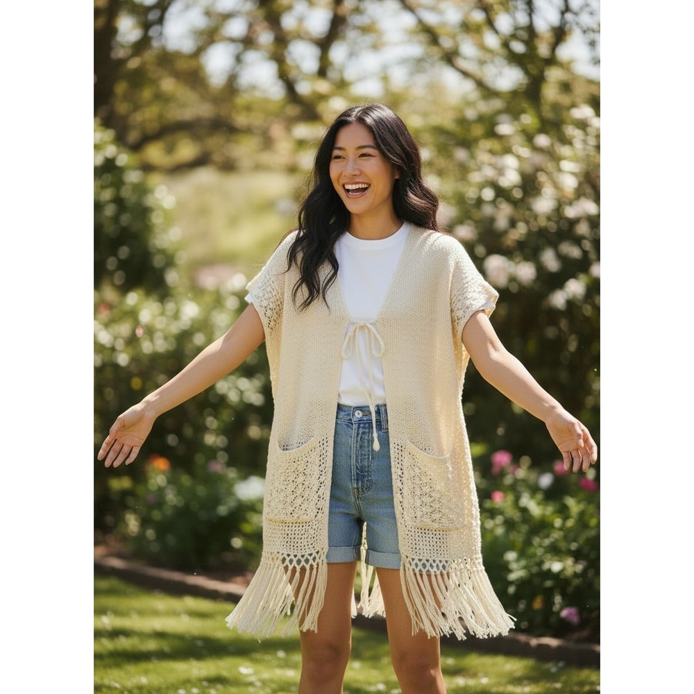 Denim & Supply Ralph Lauren Cardigan Women S Cream Crochet Fringe Boho Fringe